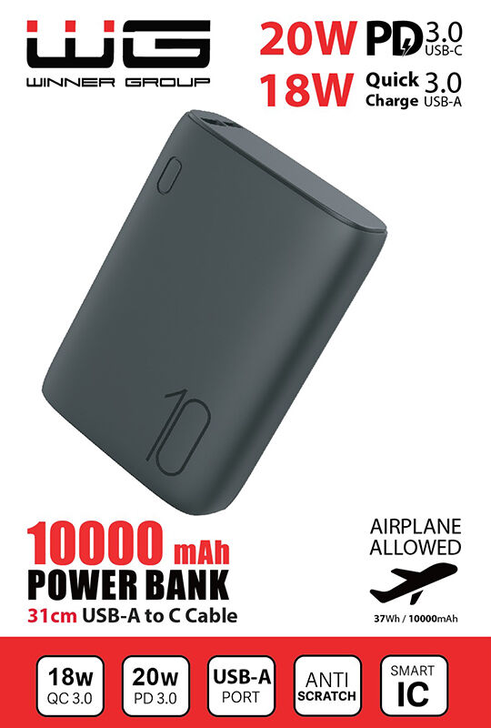 WG Powerbanka 10000 mAh, rýchlonabíjanie a PD, v. kábla, čierna