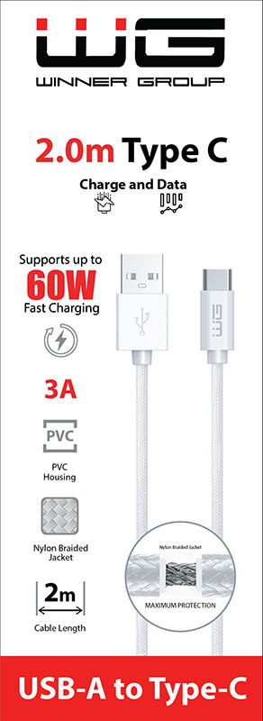 WG Dátový kábel USB-A_type-C, 3 A, biely, 2 m